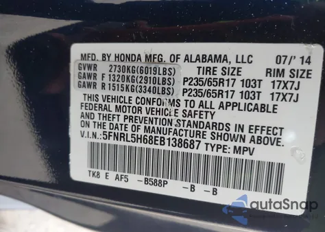 2014 Honda Odyssey Ex-L from USA, damaged, VIN 5FNRL5H68EB138687